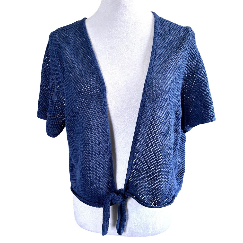 Alfred Dunner Cardigan Women L Blue Short Sleeve Mesh Knit Tie Front Cover Up